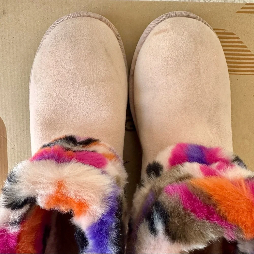 UGG Fluff Mini Quilted Motlee Pink Suede Multicolor Fur Cuff Ankle Boots Size 7